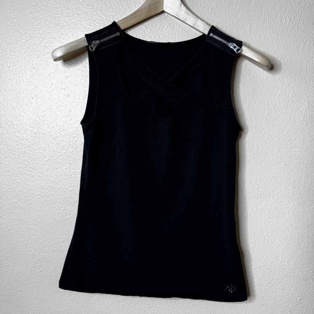 Armani Exchange Shirt Women's Medium Black Sleeveless Tank With Shoulder Zippers